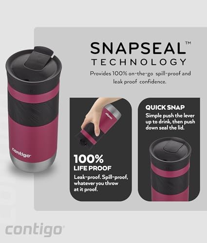 Contigo Byron Snapseal Travel Mug - 470 ml Stainless Steel Thermal Mug | Keeps Hot 7 Hrs, Cold 12 Hrs | Dragon Fruit