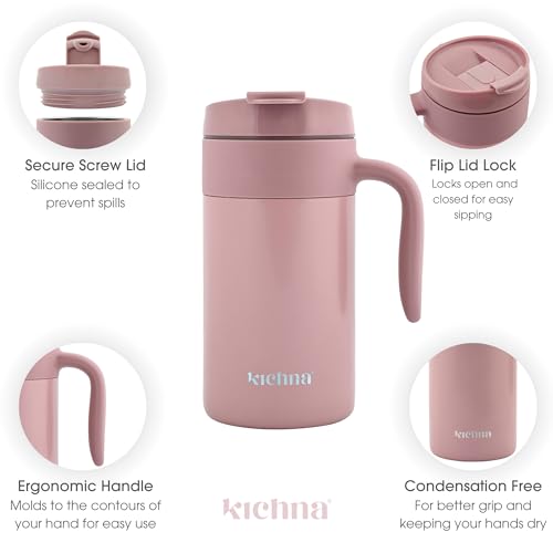 Kichna Voyager 550ML Stainless Steel Vacuum Travel Mug | Keeps Cold 14Hrs/Hot 3Hrs | Pink