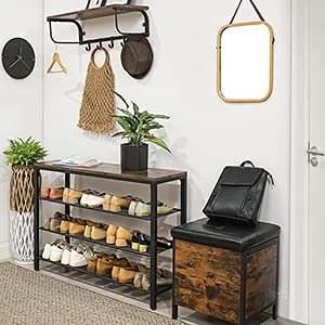 VASAGLE Shoe Rack - 4 Tier Metal Organizer | 100 x 30 x 72 cm | Rustic Brown + Black 4