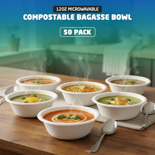 1ABOVE Compostable Bagasse Bowls - 50 Pack, 350ml (12oz) Eco-Friendly Disposable Soup & Salad Bowls