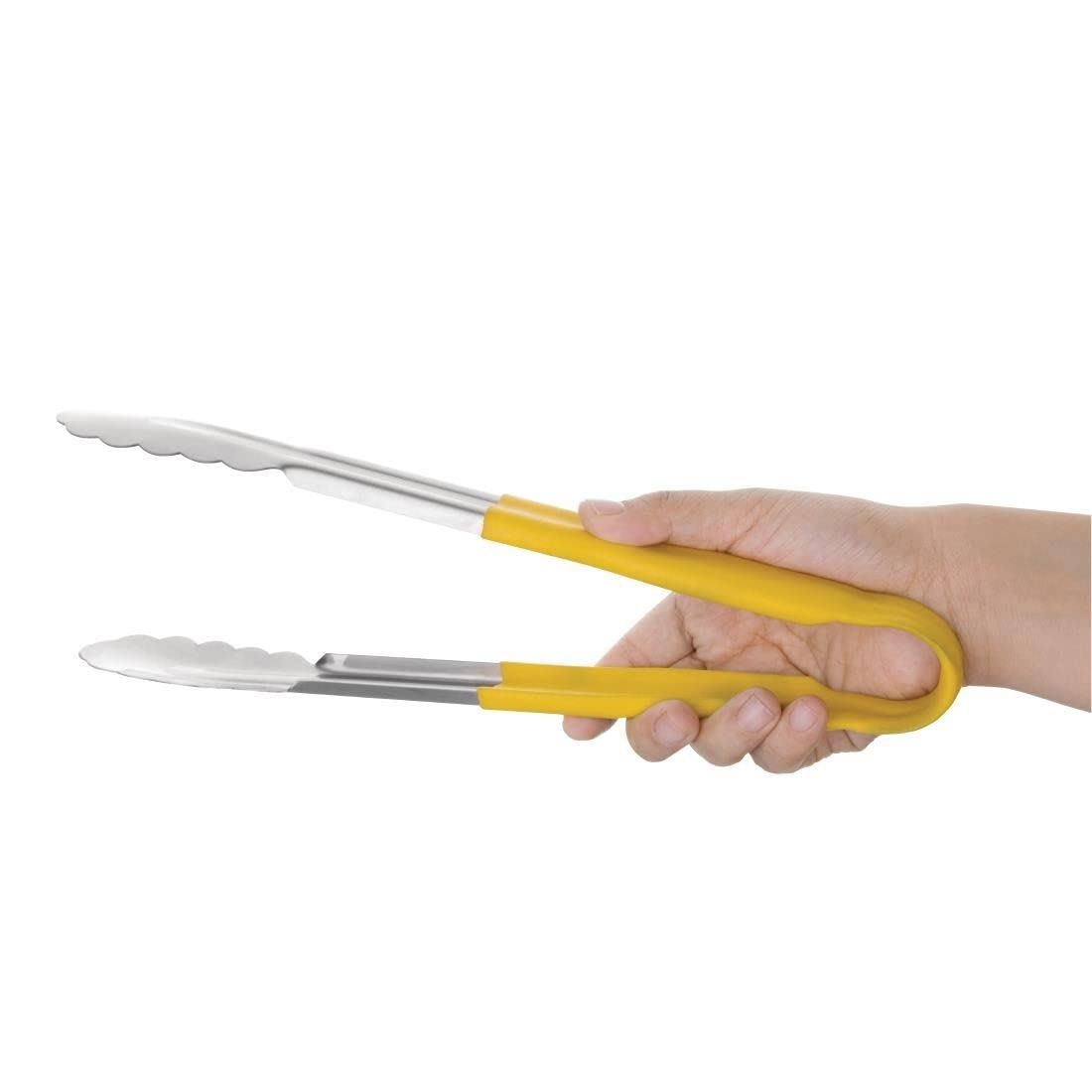 Hygiplas Stainless Steel Serving Tongs - Yellow Vinyl Coated Handles | 300mm Length 5