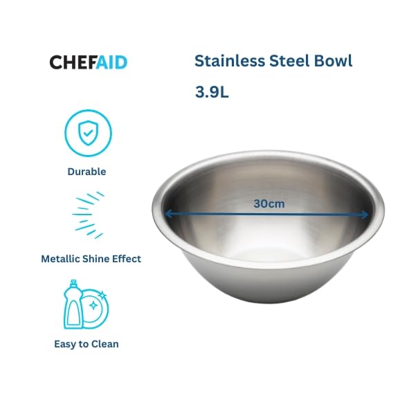 Chef Aid Stainless Steel Mixing Bowl - 3.9L Capacity | 30 cm Diameter | Dishwasher Safe 2