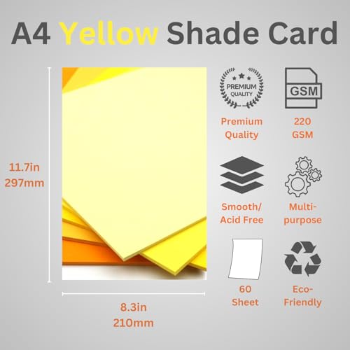 Hawksbill A4 Yellow Card Stock 220gsm - 60 Sheets, 5 Shades | Cricut & Silhouette Compatible 2