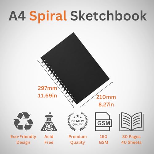 Hawksbill A4 Sketchbook - 40 Sheets/80 Pages, 150GSM, Black Hardback 2