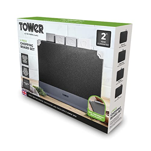 Tower 4-Piece Chopping Board Set with Stand | Plastic | Black | Includes Index Tabs 10
