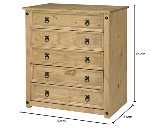 Mews Corona 5 Drawer Chest of Drawers - Solid Pine, Waxed Finish | 80cm H x 89cm W 2