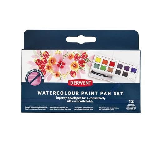 Derwent Watercolour Paint Pan Set - 12 Half Pans | Ultra-Smooth Finish | Includes Waterbrush 2
