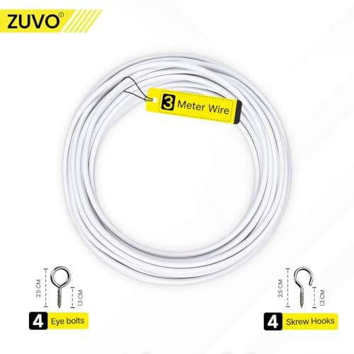 Zuvo Net Curtain Wire with Hooks and Eyes - 3m Extra Strong Cord | White PVC | Model 90793C 2