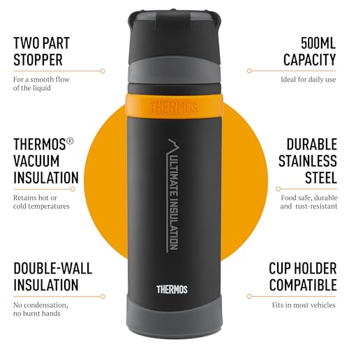 Thermos Matt Black Ultimate Flask - 500ml Insulated Stainless Steel Thermal Coffee Cup | 24hr Hot/Cold