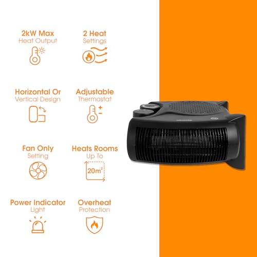 Abode AFH1001B Electric Fan Heater - 2kW Power | Adjustable Thermostat | Horizontal/Vertical Use 10