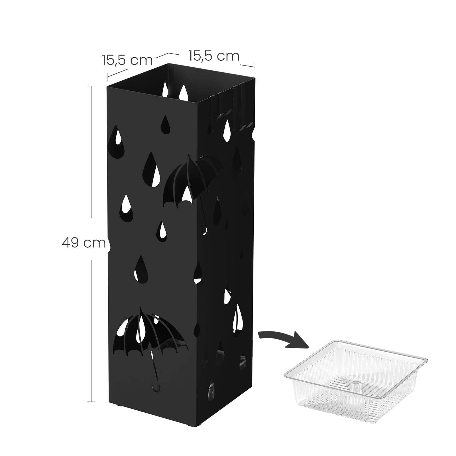 SONGMICS Metal Umbrella Stand - Square Design with Drip Tray | Black | 15.5 x 15.5 x 49 cm 5