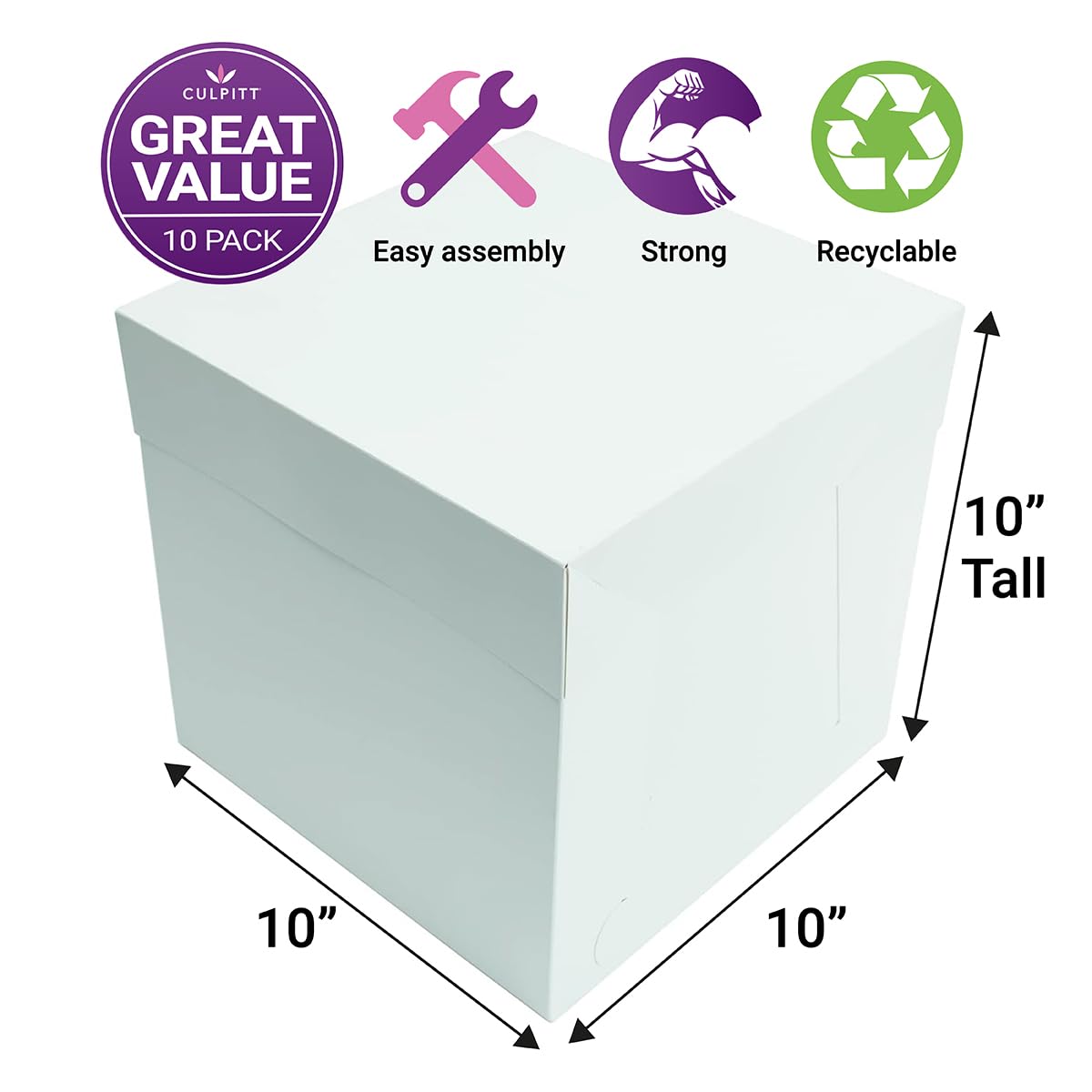 Culpitt Tall White Cake Box - 10 Pack | 10" x 10" x 10" | Food Safe Card 2