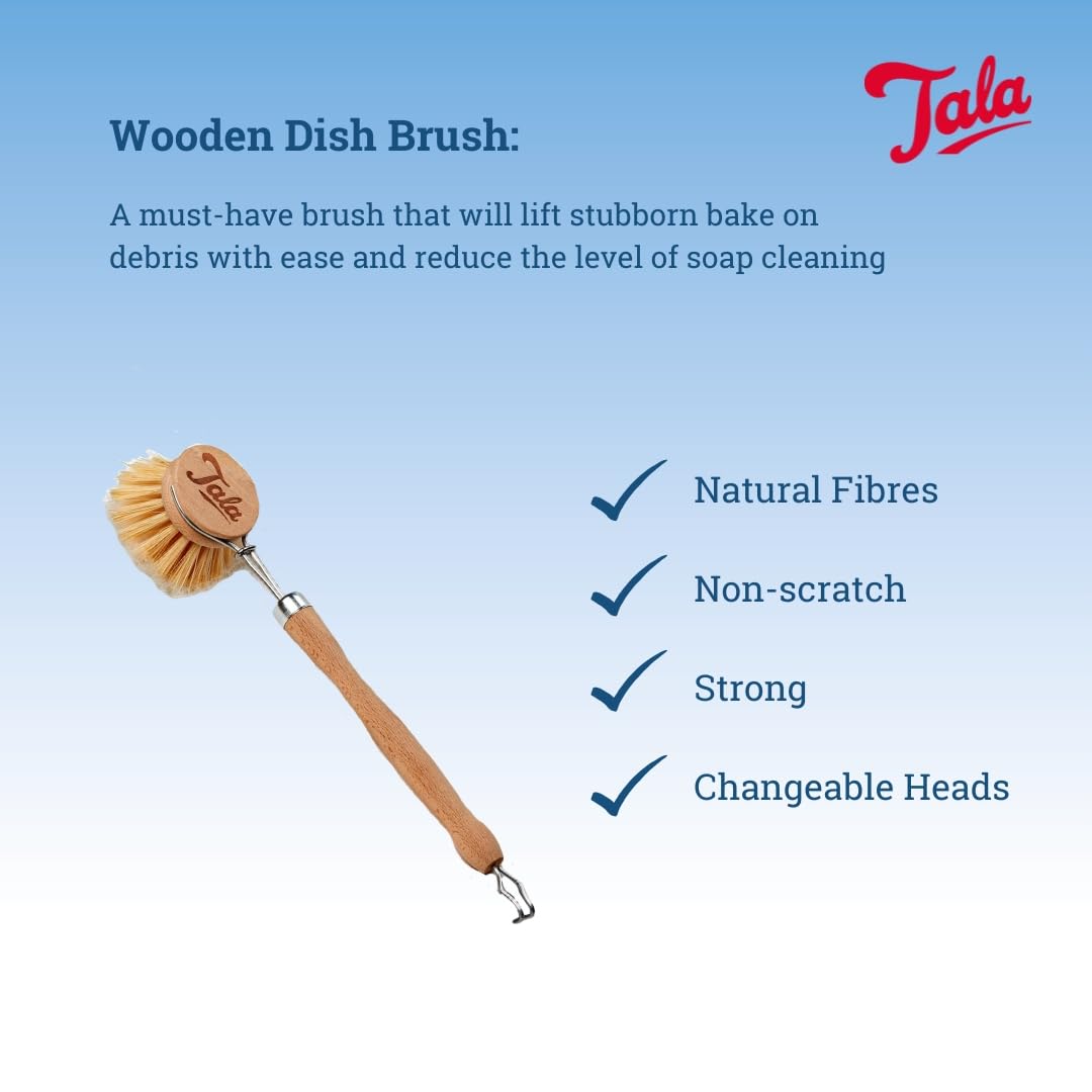 Tala Wooden Dish Brush with Tough Nylon Bristles and Removable Head | Natural Color 2