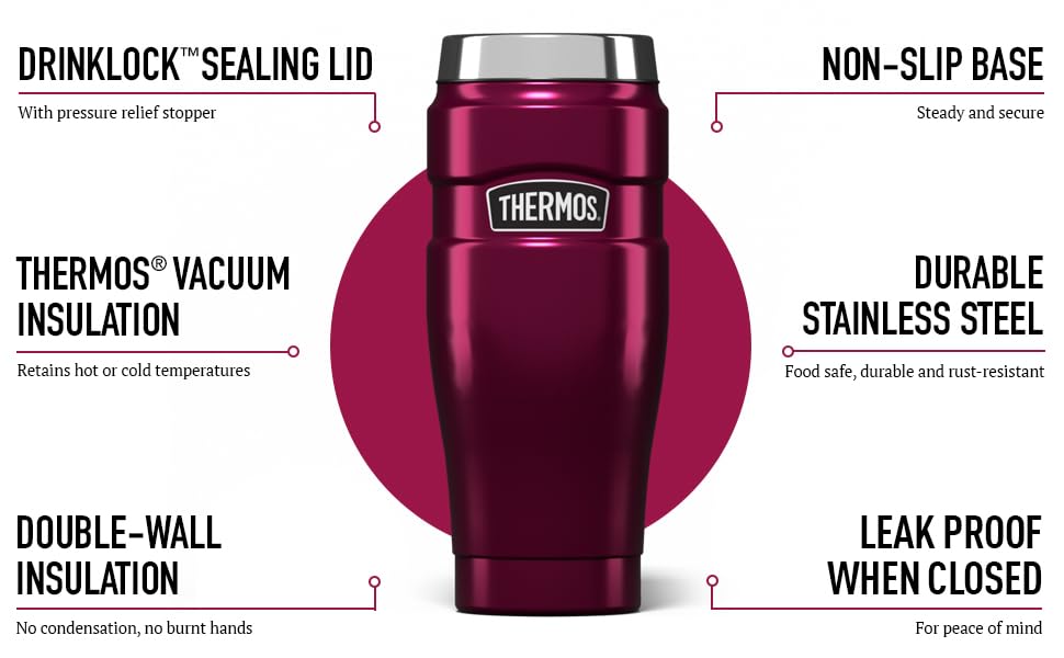 Thermos Stainless King Travel Tumbler - 470 ml Capacity | Keeps Hot 7 Hrs / Cold 18 Hrs | Raspberry