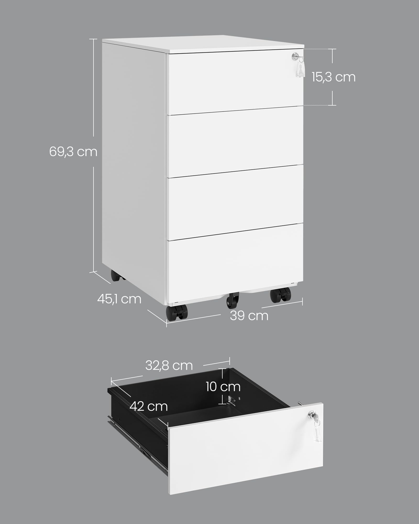 SONGMICS Mobile File Cabinet - 4 Lockable Drawers | Steel Construction | White | 69.3H cm 3