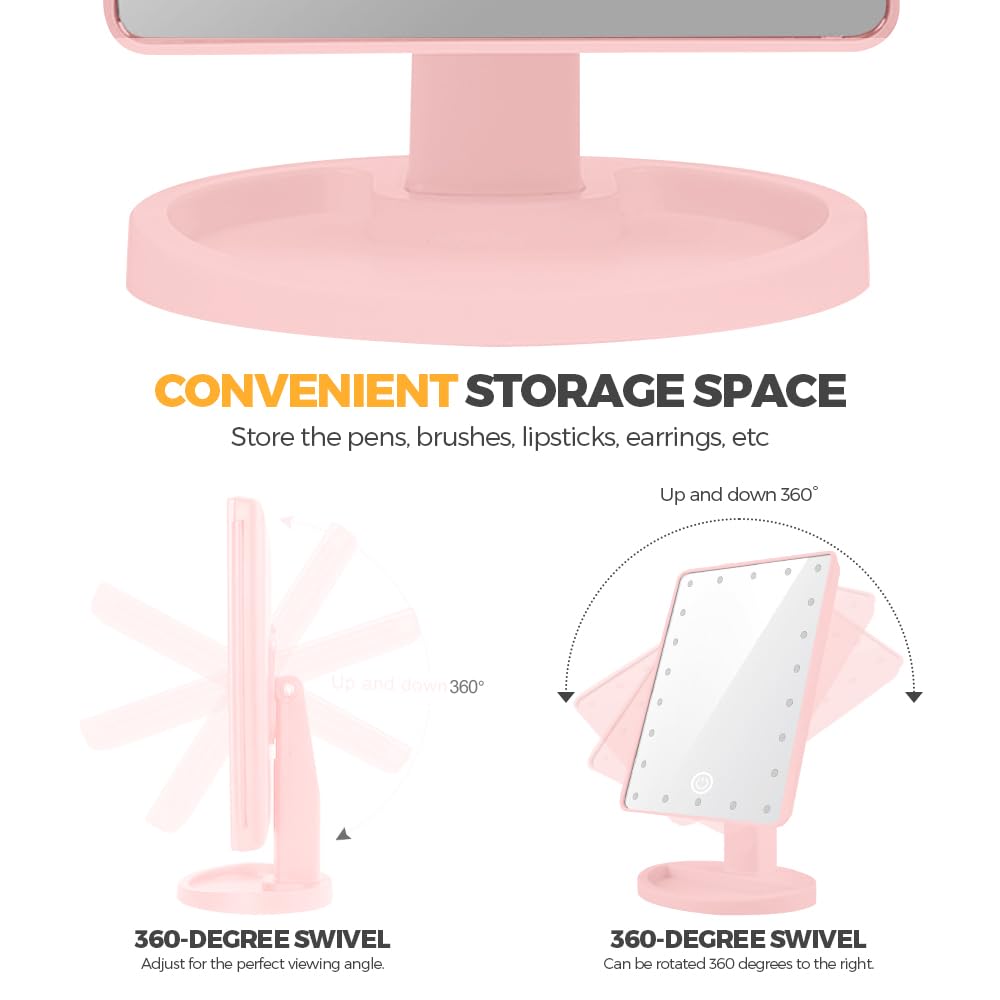Woobroo Makeup Vanity Mirror with 22 LED Lights | 10X Detachable Magnification | Touch Sensor Dimming | Pink 3