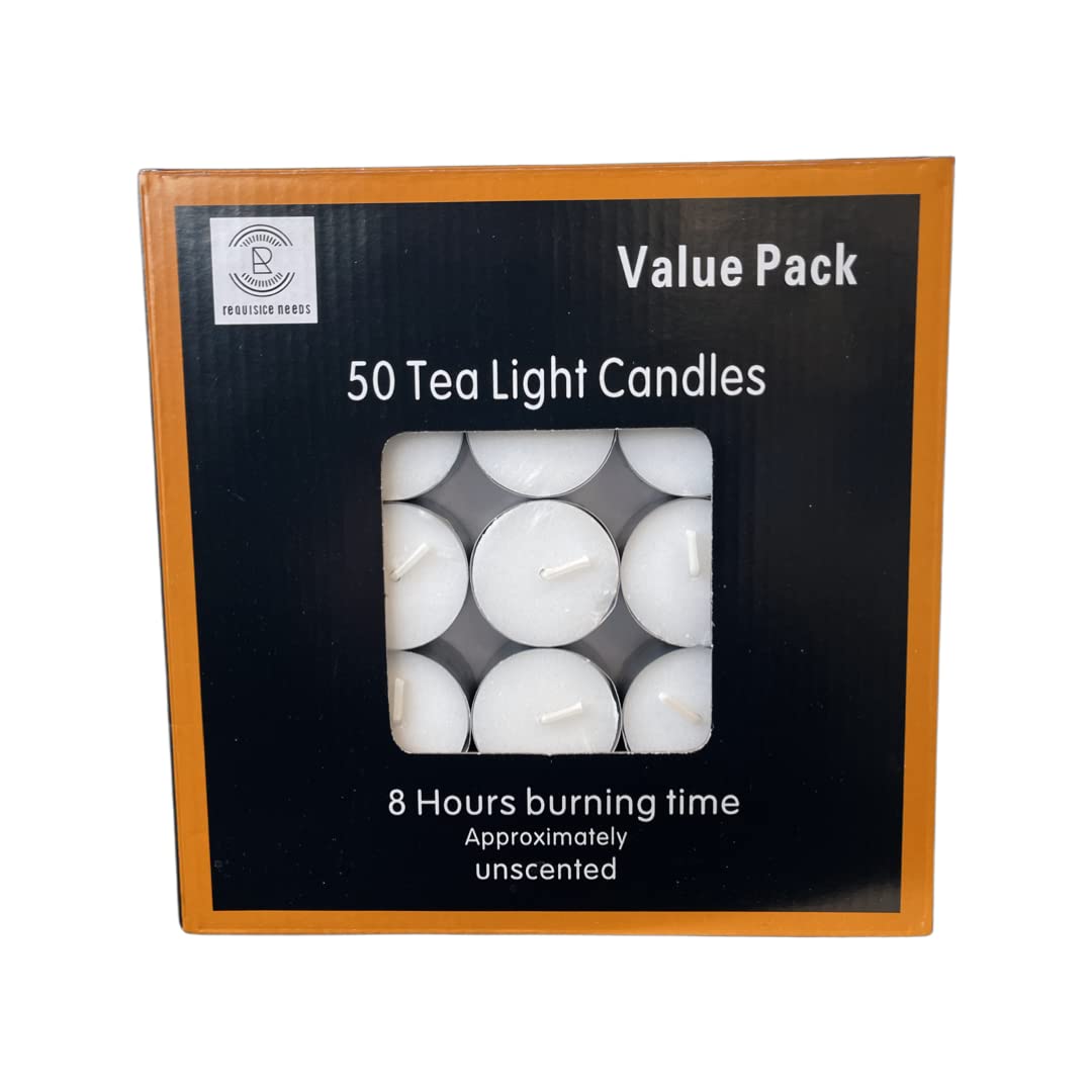 REQUISITE NEEDS Unscented Tea Light Candles - 8 Hour Burn Time, White Wax, Pack of 50 | Lead-Free Wick