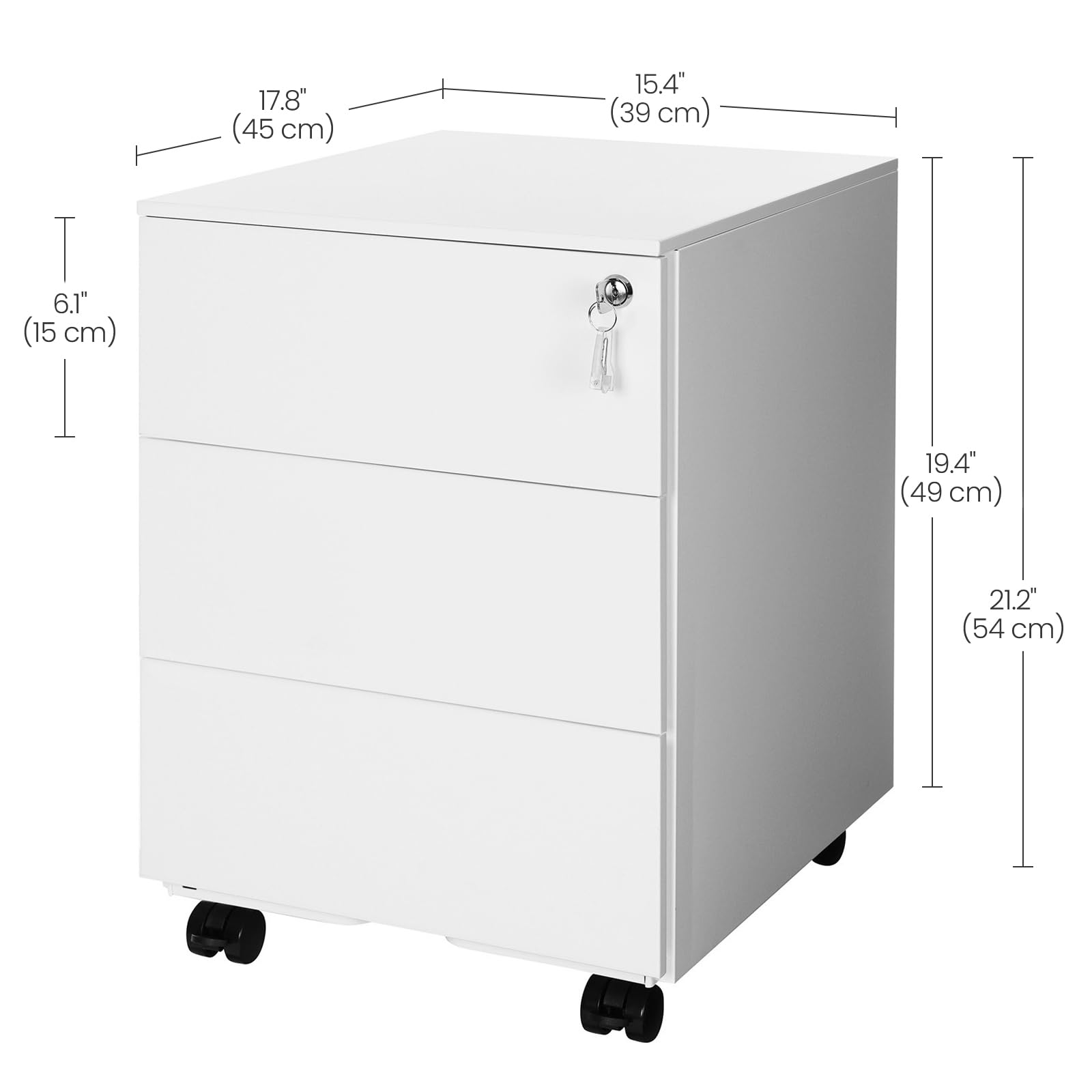 SONGMICS Mobile File Cabinet - 3 Drawers, Lockable, White Steel | 15kg Capacity per Drawer 3