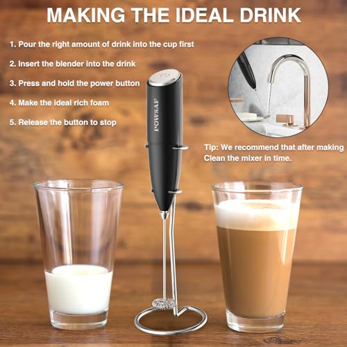 POWSAF Handheld Milk Frother Wand for Coffee with Stand | Battery-Powered | Stainless Steel Whisk 4