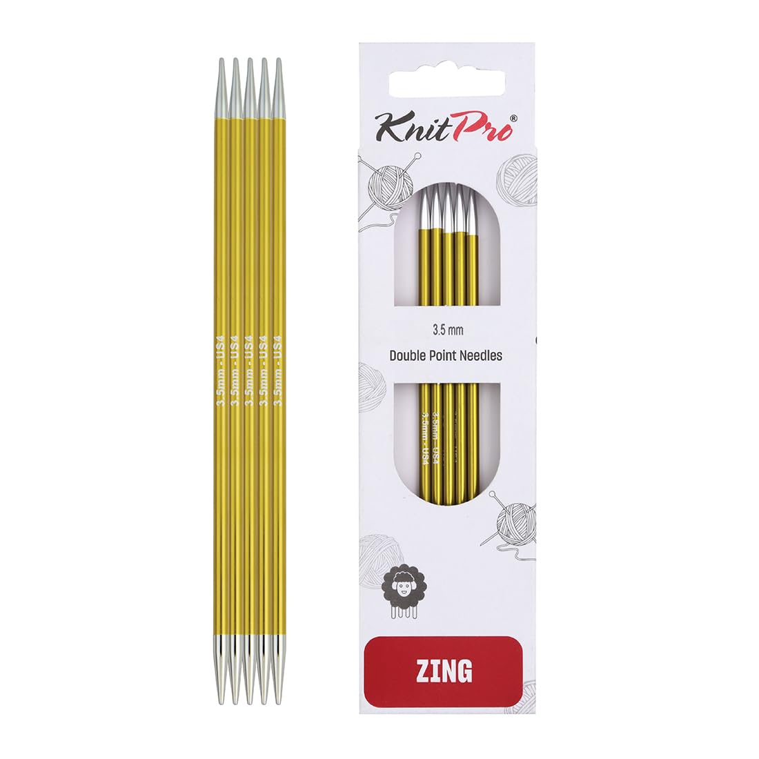 KnitPro Zing Double Ended Knitting Pins - 3.5mm x 20cm, Green Aluminium | Laser-Marked Sizes 1