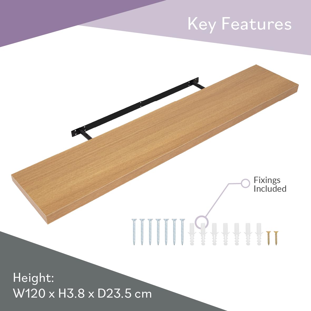 Anika Floating Shelf - Oak Effect | 120cm Length | 3.8cm Thick Hollowboard | Max Load 15KG 3