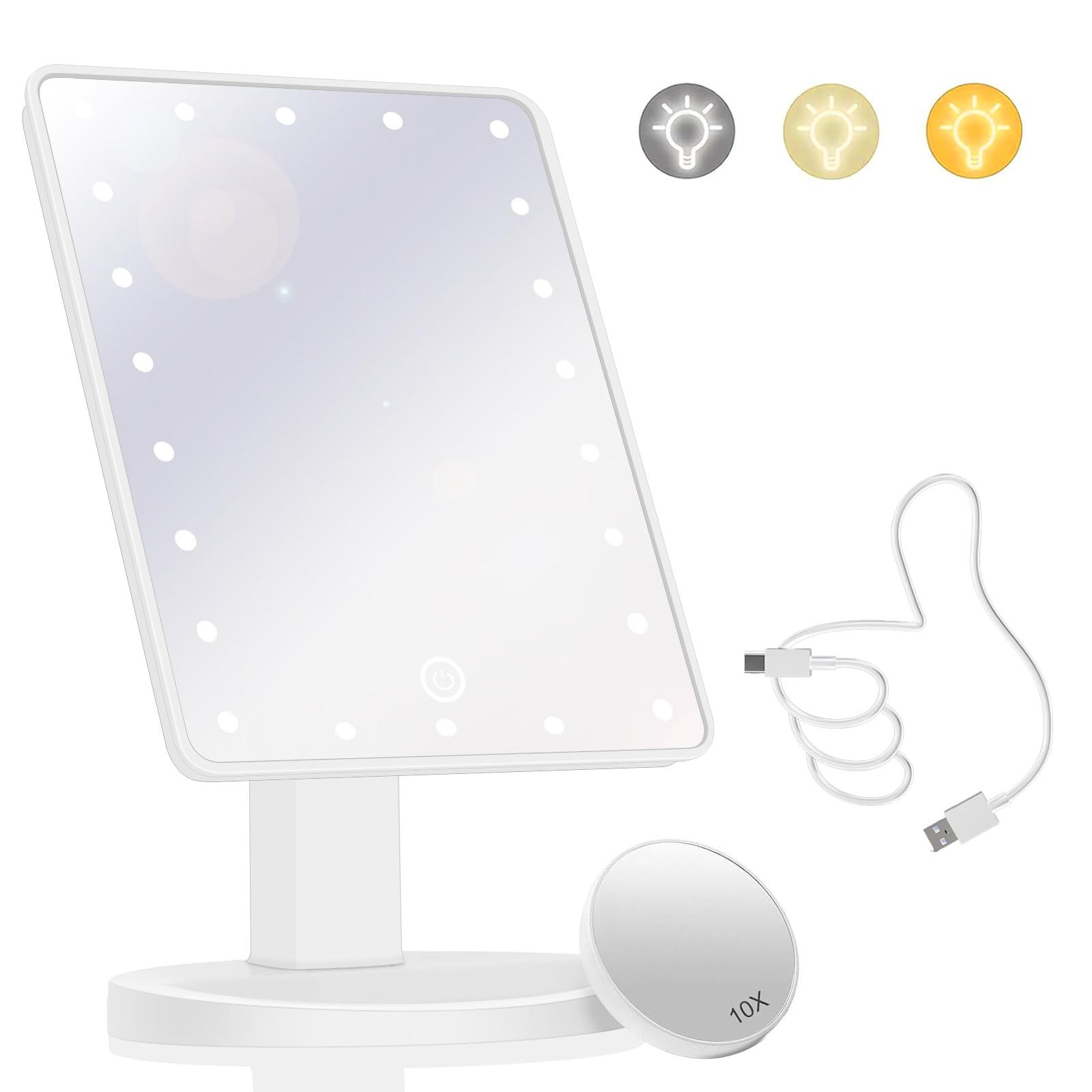 Woobroo Makeup Vanity Mirror with 22 LED Lights | Detachable 10X Magnification | Touch Sensor Dimming | White 1