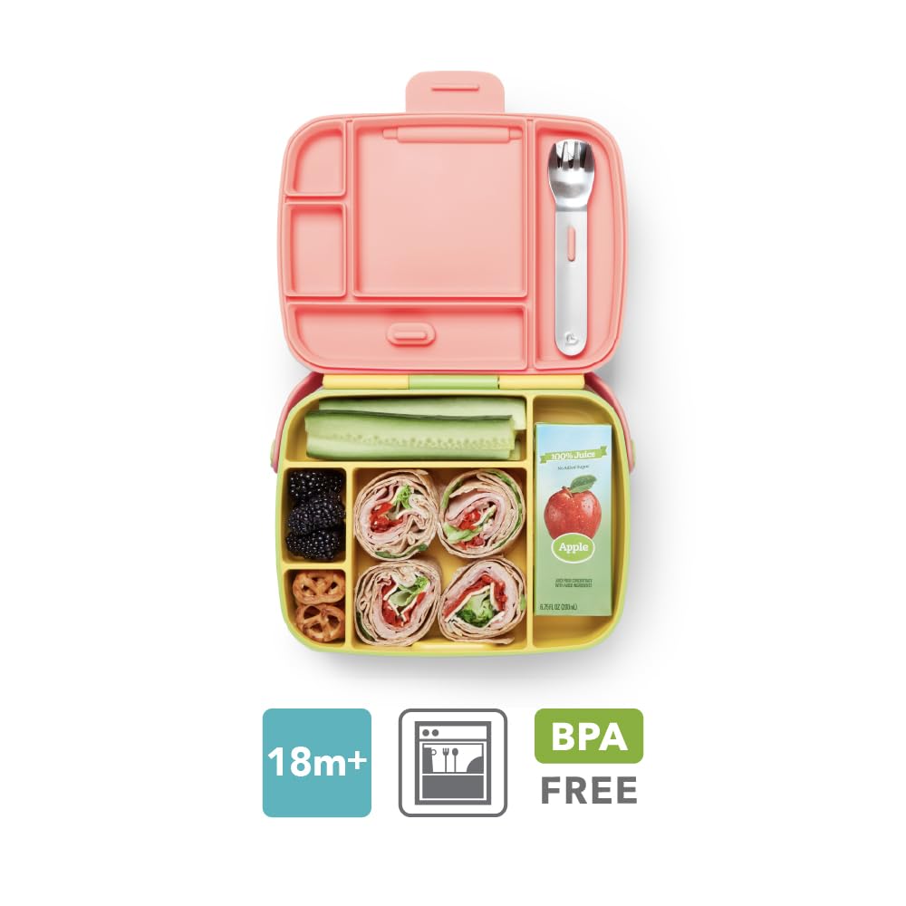 Munchkin Bento Lunch Box for Babies & Toddlers - 5 Compartment Food Container | Yellow | Includes Utensils 2