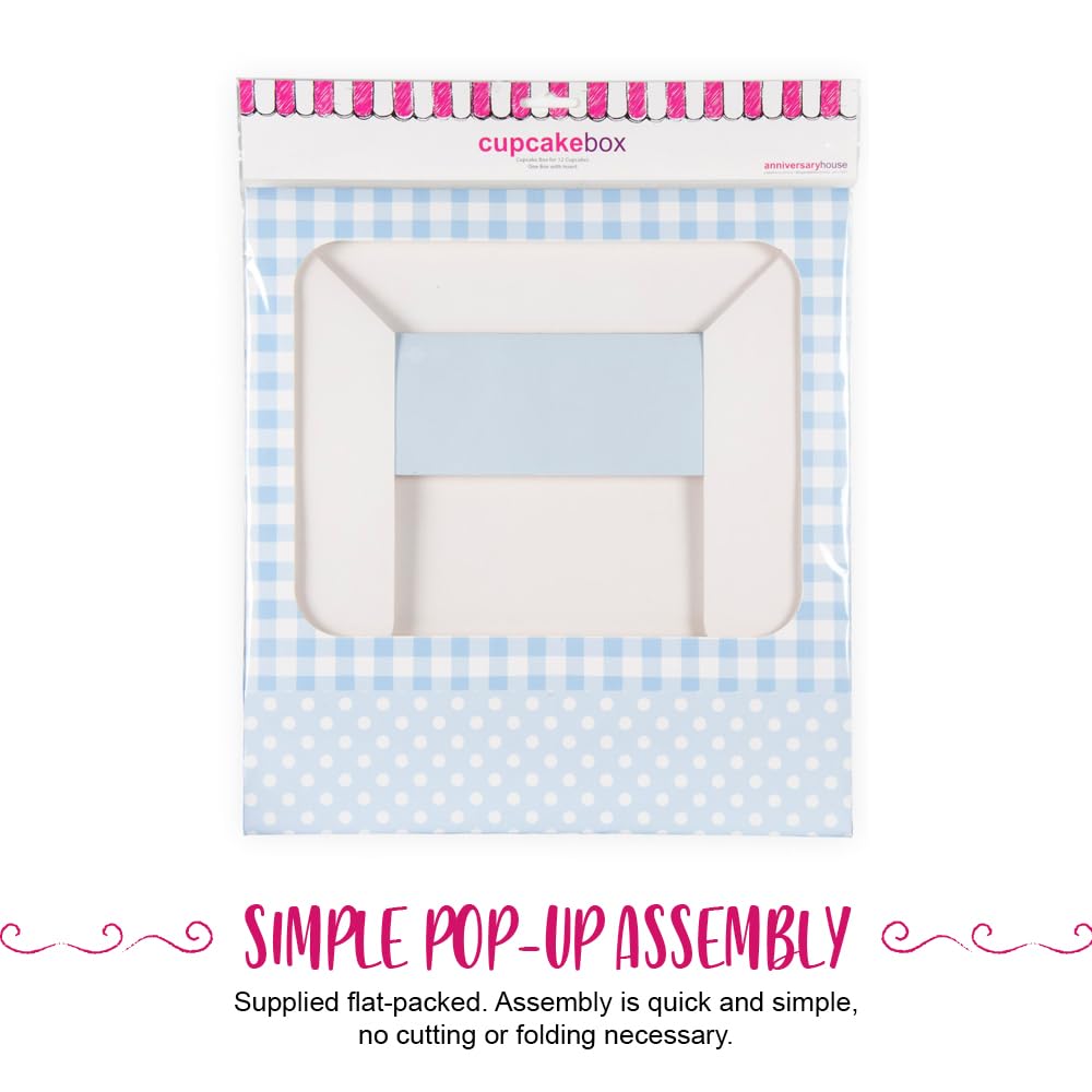 Anniversary House Blue Cupcake Box with Window - Holds 12 Cupcakes | Gingham & Polka Dot Print | 7.5 x 25 x 31cm 5