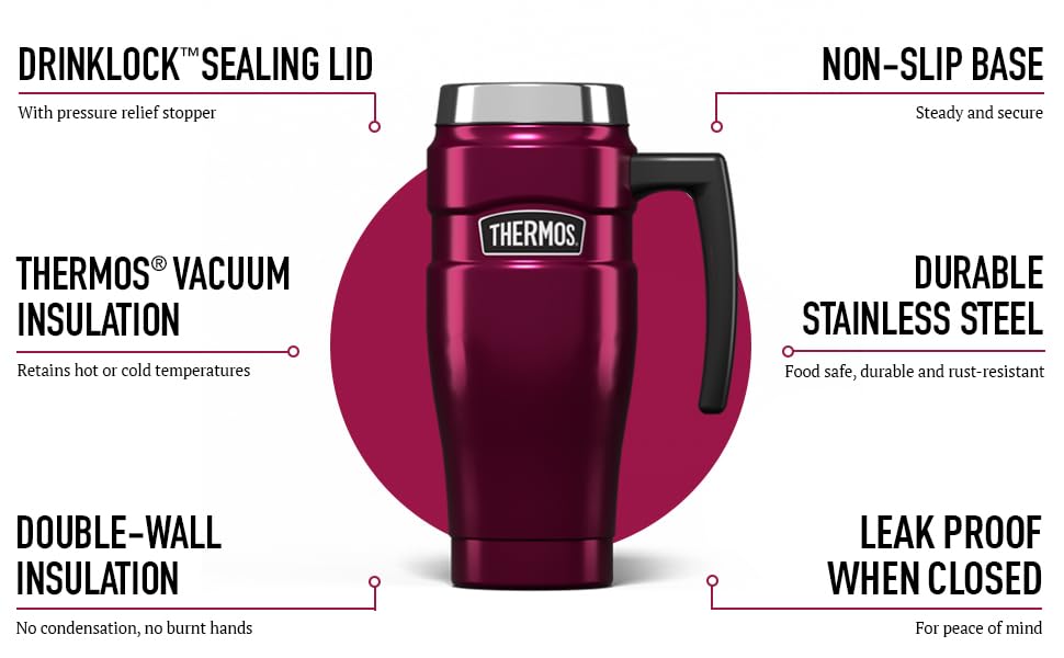 Thermos Stainless King Travel Mug 470ml Raspberry | Vacuum Insulated | Hot 7 Hrs / Cold 18 Hrs 4