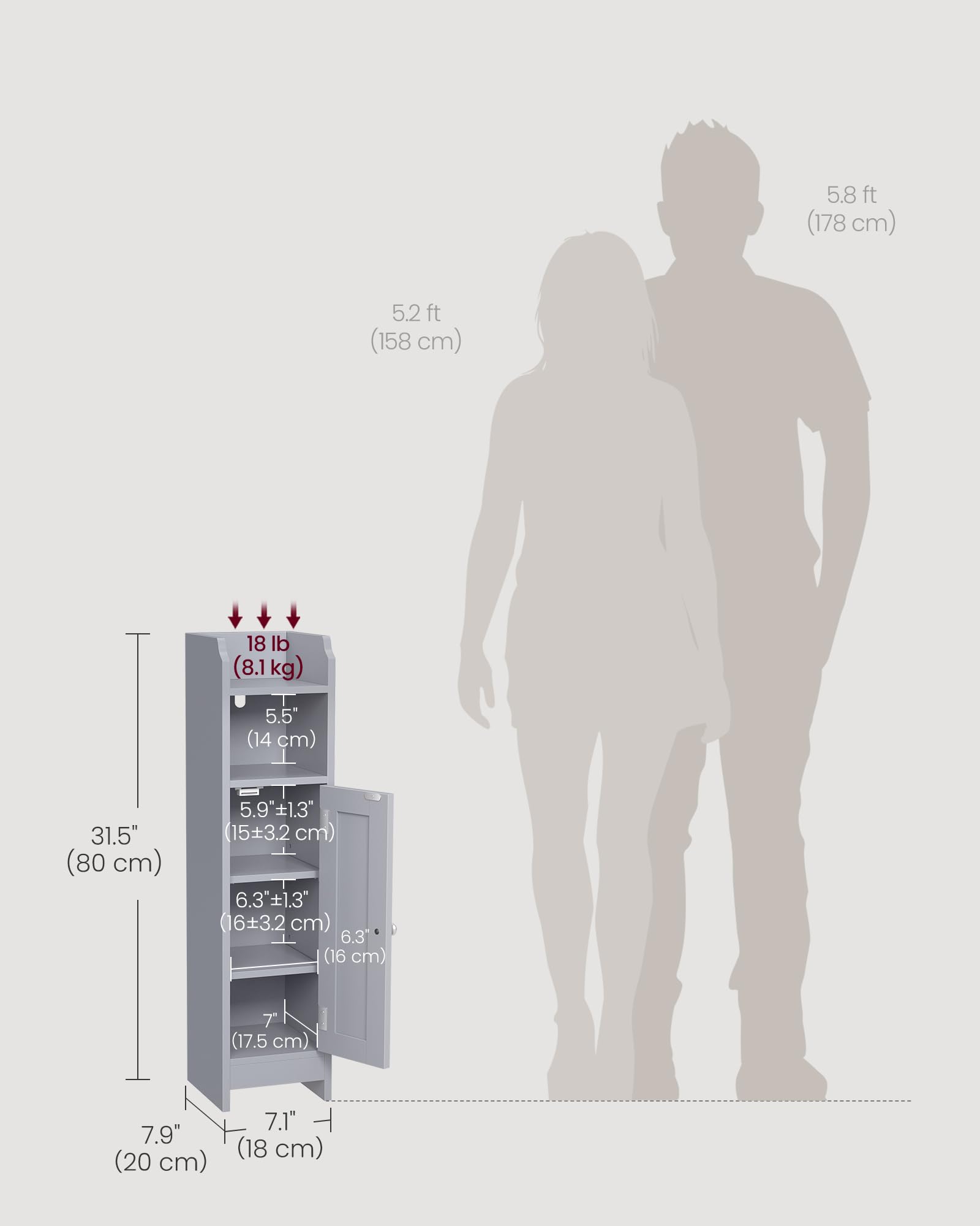 VASAGLE Slim Bathroom Floor Storage Cabinet | Dove Grey | 80H cm | Adjustable Shelves 2