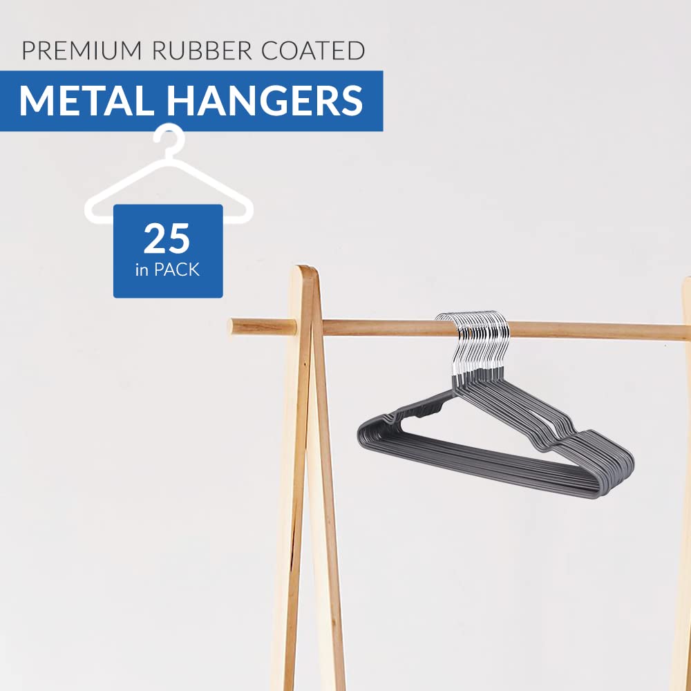 1ABOVE Premium Rubber Coated Metal Hangers - 25 Pack | Heavy Duty | Space Saving | Grey