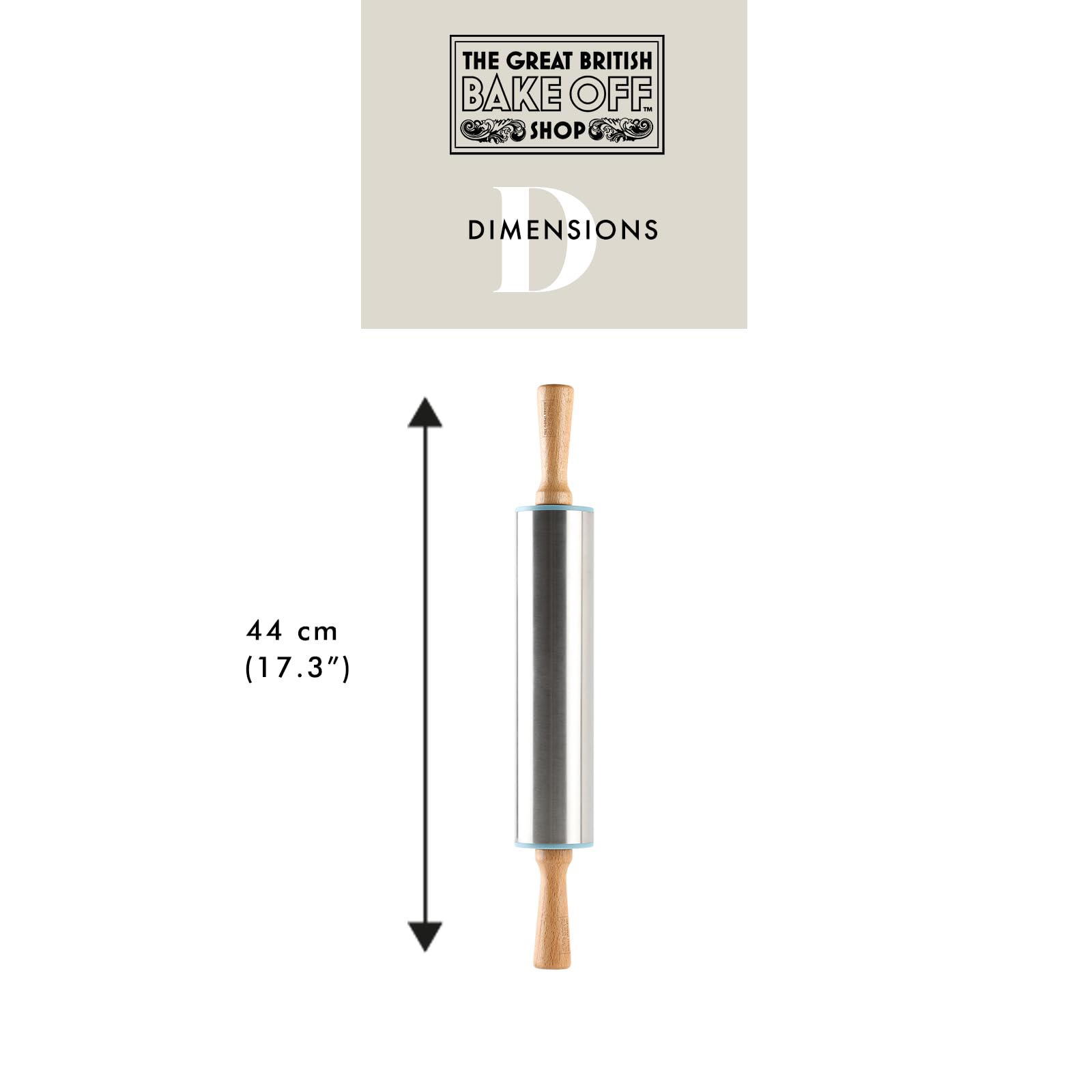 The Great British Bake Off Stainless Steel Rolling Pin with Beechwood Handles | Weighted Core | Duck Egg Blue Accents 6
