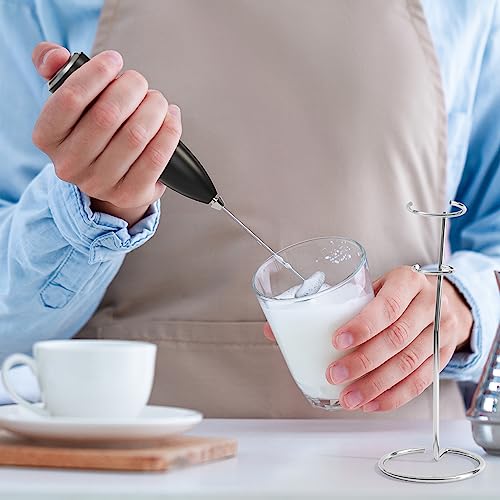 POWSAF Handheld Milk Frother Wand for Coffee with Stand | Battery-Powered | Stainless Steel Whisk