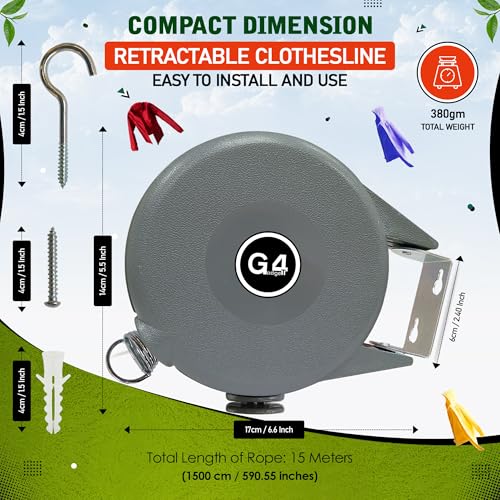 G4GADGET Outdoor Retractable Clothes Line - 15m Drying Space | Heavy Duty | Grey 4