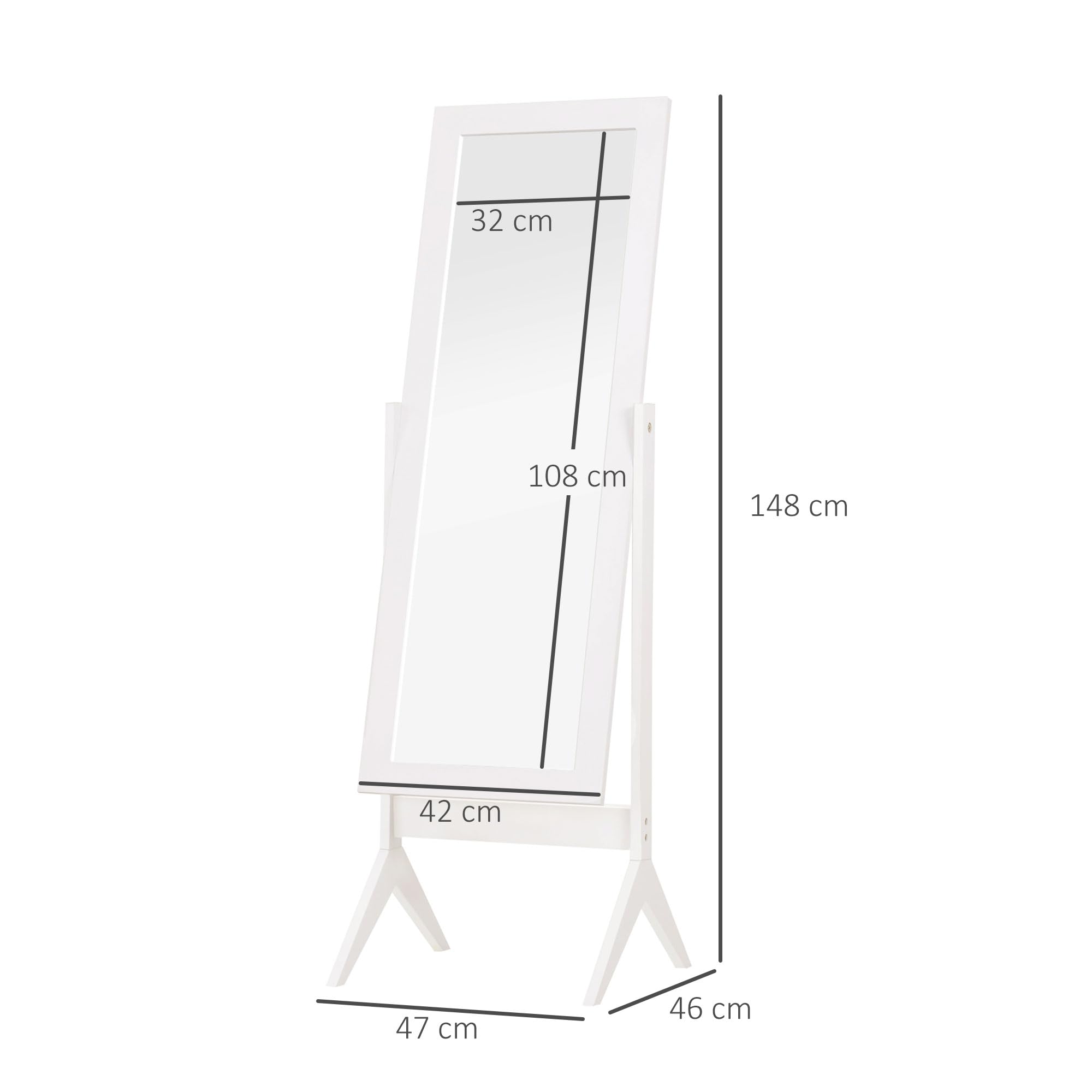 HOMCOM Freestanding Full Length Floor Mirror - Adjustable Angle, White MDF Frame | 148H x 47W cm 7