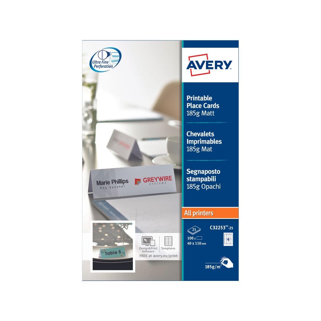 AVERY Printable Double Sided Place Cards - 110 x 40 mm, 4 Cards/Sheet, 100 Cards Pack, 185gsm, White 1