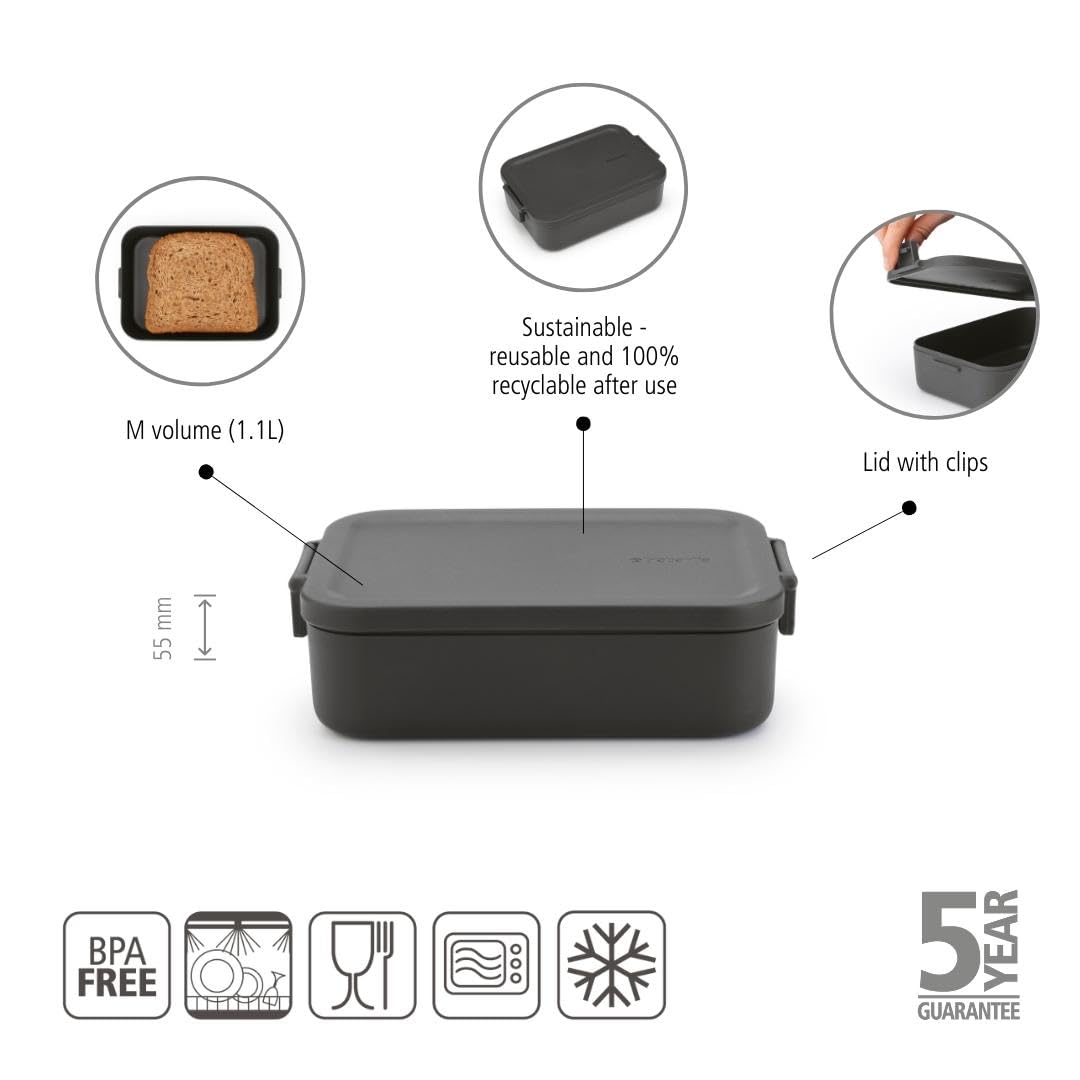 Brabantia Make & Take Lunch Box - Medium 1.1L | BPA-Free | Dishwasher, Microwave, Freezer Safe | Dark Grey 2