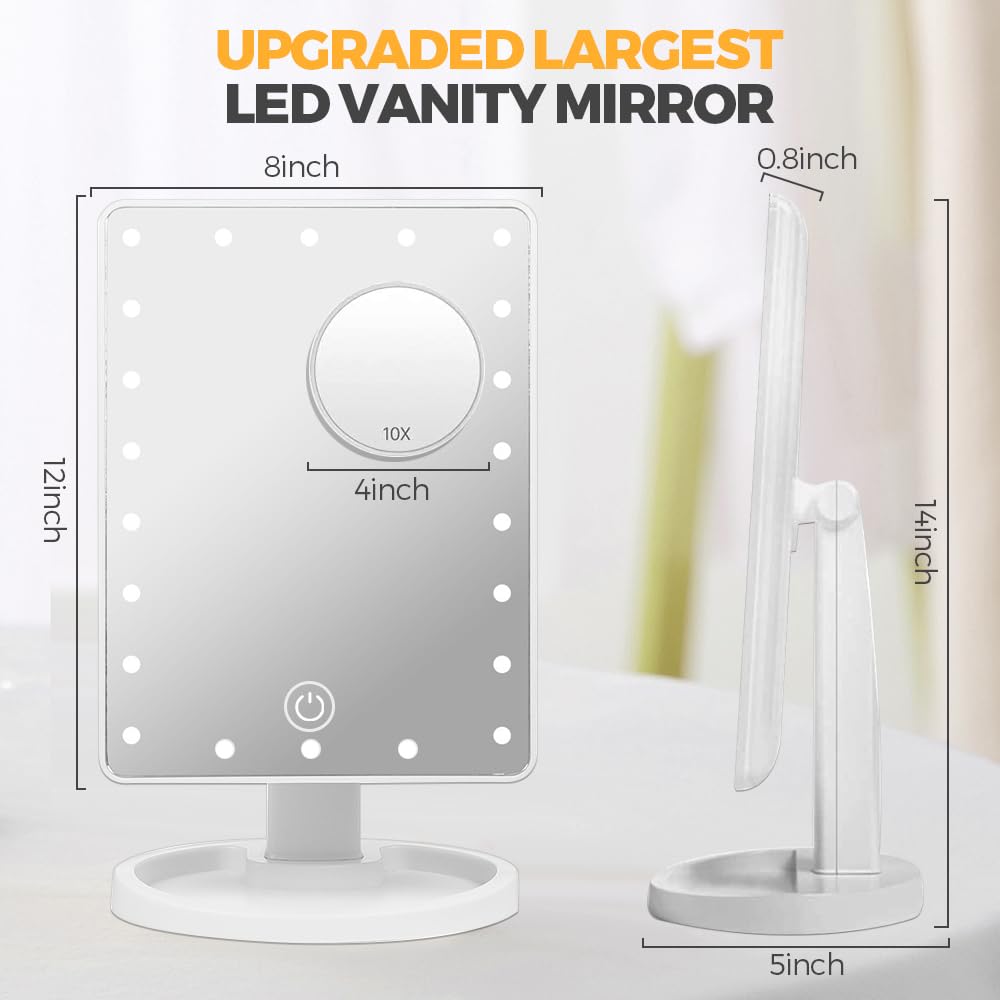 Woobroo Makeup Vanity Mirror with 22 LED Lights | Detachable 10X Magnification | Touch Sensor Dimming | White 7