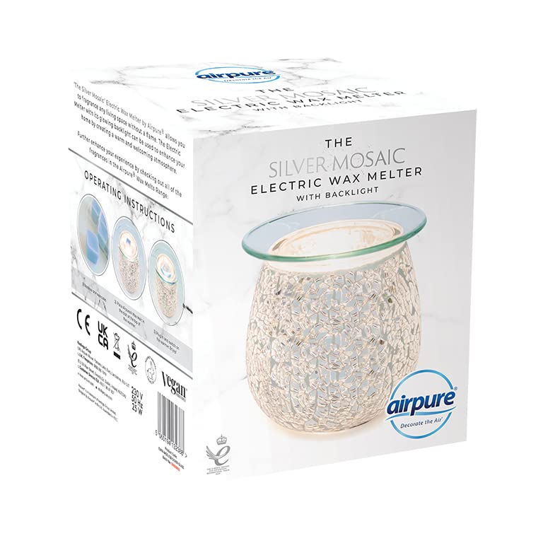 airpure Mosaic Electric Wax Melt Oil Melter Burner - Silver Glass & Stainless Steel | Glowing Backlight 2