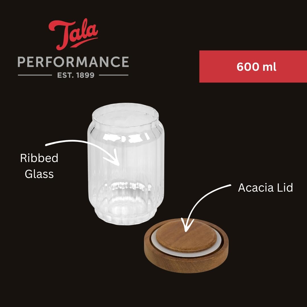 Tala Ribbed Glass Storage Jar with Acacia Lid - Airtight Seal | 600ml Volume | FSC Wood 3