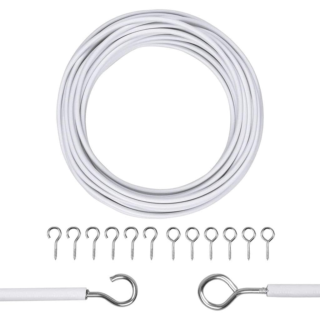 Zuvo Extra Strong Net Curtain Wire - 4m Length | White PVC | Includes 6 Hooks & Eyes 1