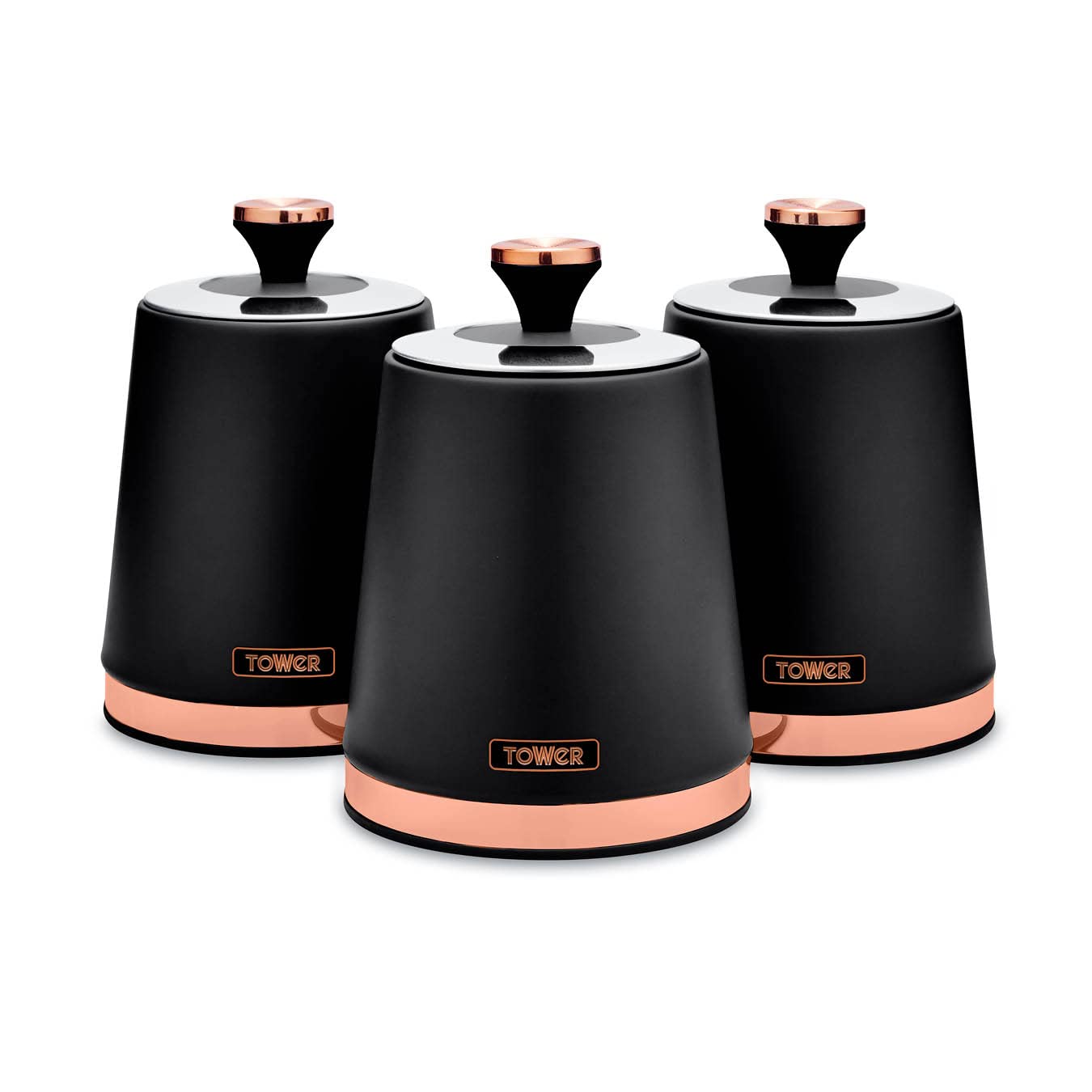 Tower Cavaletto Set of 3 Storage Canisters for Tea/Coffee/Sugar | 1.3L Capacity | Carbon Steel 1