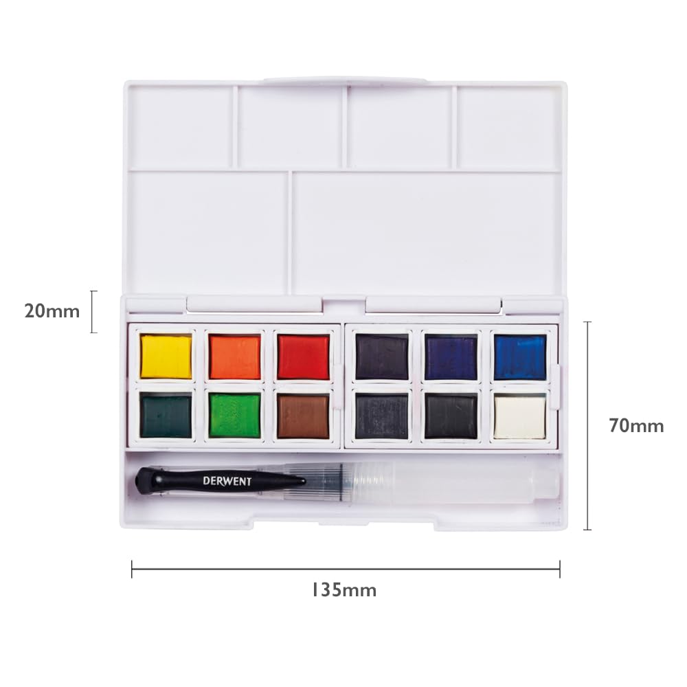 Derwent Watercolour Paint Pan Set - 12 Half Pans | Ultra-Smooth Finish | Includes Waterbrush 5