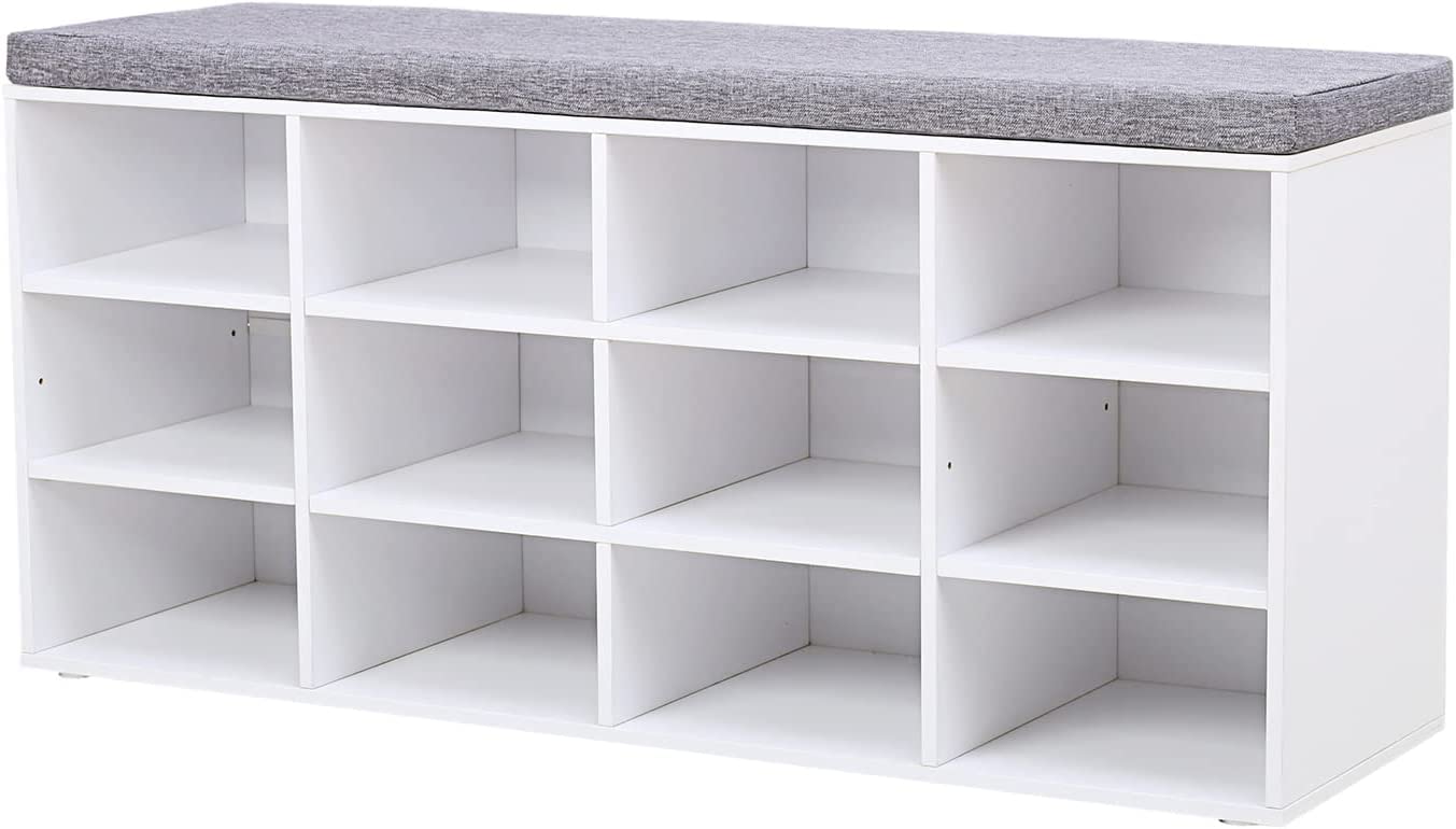 VASAGLE Shoe Storage Bench with Padded Seat | 12 Compartments | Adjustable Shelves | 104 x 30.3 x 48 cm | Cloud White