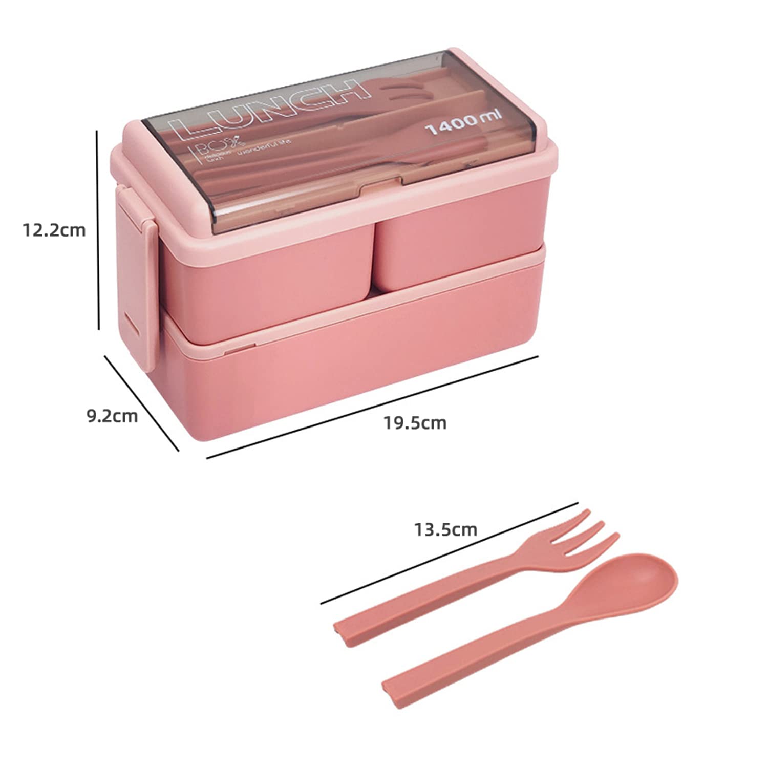 Lychico 1400ml Bento Box - 2 Layer Stackable Lunch Box with Spoon & Fork | Pink 6