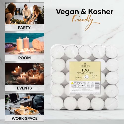 Price's Candles 100 Pack Tea Light Candles - 4 Hour Burn Time | Vegan & Kosher Friendly 4