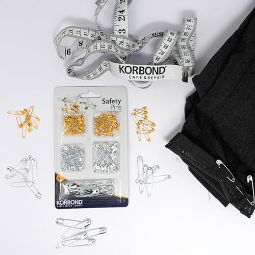 KORBOND Safety Pins - 100 Assorted Size Metal Pins for Sewing & Crafting | Rust Resistant 3