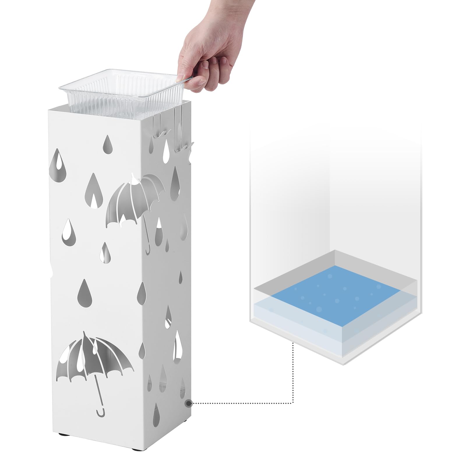 SONGMICS Metal Umbrella Stand - Square Holder with Drip Tray & 4 Hooks | White Stainless Steel 6