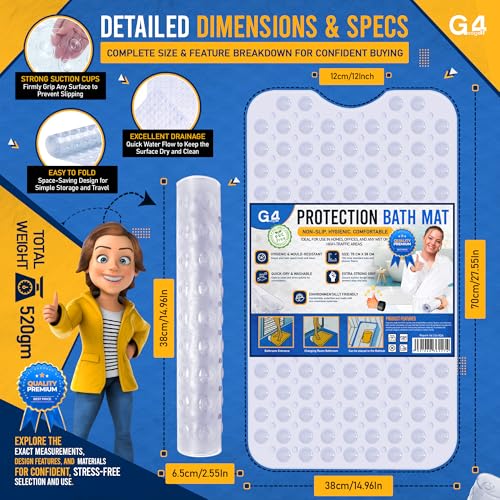 G4GADGET Non-Slip Shower Mat - 70x38cm Clear PVC with 149 Suction Cups | Anti-Mould 4