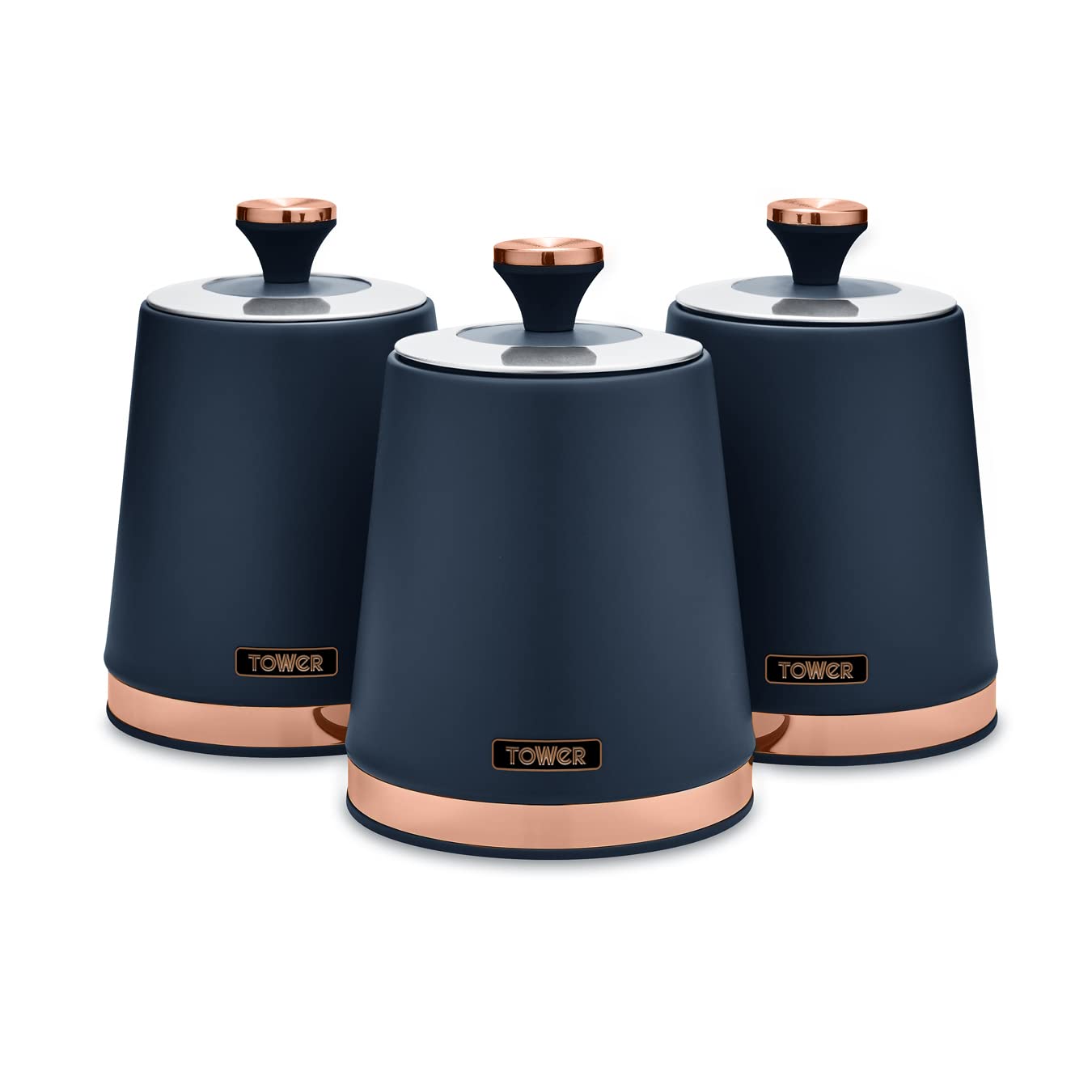Tower Cavaletto Set of 3 Storage Canisters for Tea/Coffee/Sugar | 1.3L Capacity | Midnight Blue & Rose Gold 1